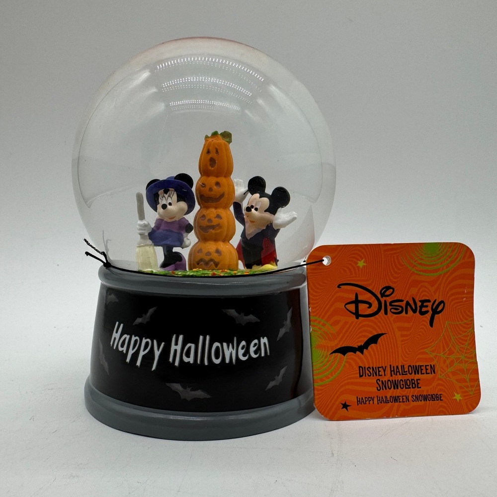 Disney Mickey Minnie Happy Halloween Pumpkin Snow Globe Black Base With Tag